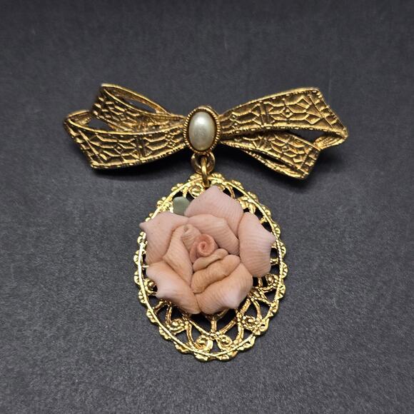 1928 Brand Jewelry - 1928 Brand Rose Flower Brooch Gold Tone Bow Faux Pearl Vintage Jewelry